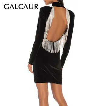 

GALCAUR Sexy Party Patchwork Tassel Women Dress Turtleneck Long Sleeve High Waist Backless Mini Dresses Female 2020 New Tide