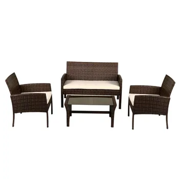 

4 pcs Patio Steel Frame Coffee Table Furniture Set Sturdy Powder-coated Metal Frame W/ Cushion Outdoor Furniture