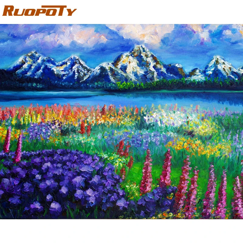 RUOPOTY Рамка DIY Краска по номерам пейзаж горный озеро Акриловая на холсте Ручная