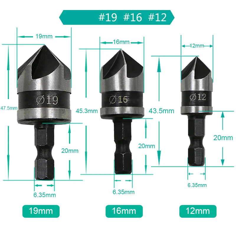 3 шт./компл. 90 градусов 1/4 шестигранным хвостовиком сверло 5 выемка 12 мм 16 мм 19 мм Деревообработка фаски Зенковка фаски Debur из быстрорежущей стали - Цвет: 3pcs