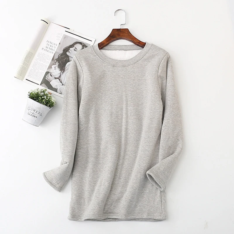 Light grey Женская толстовка из плотного флиса, зимние Бархатные Теплые облегающие толстовки, повседневное нижнее белье с круглым вырезом, флисовый женский топ Sudadera Mujer - Цвет: Light grey