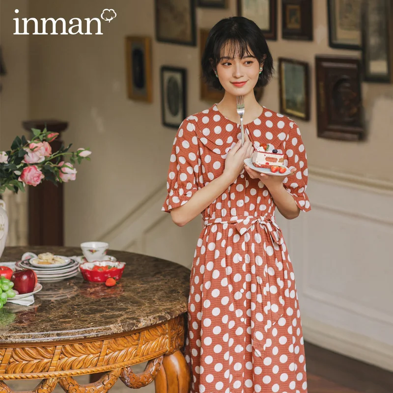 INMAN Summer Doll Collar Retro Wave Point Bowknot Nipped Waist Shourt Sleeve Dress | Женская одежда