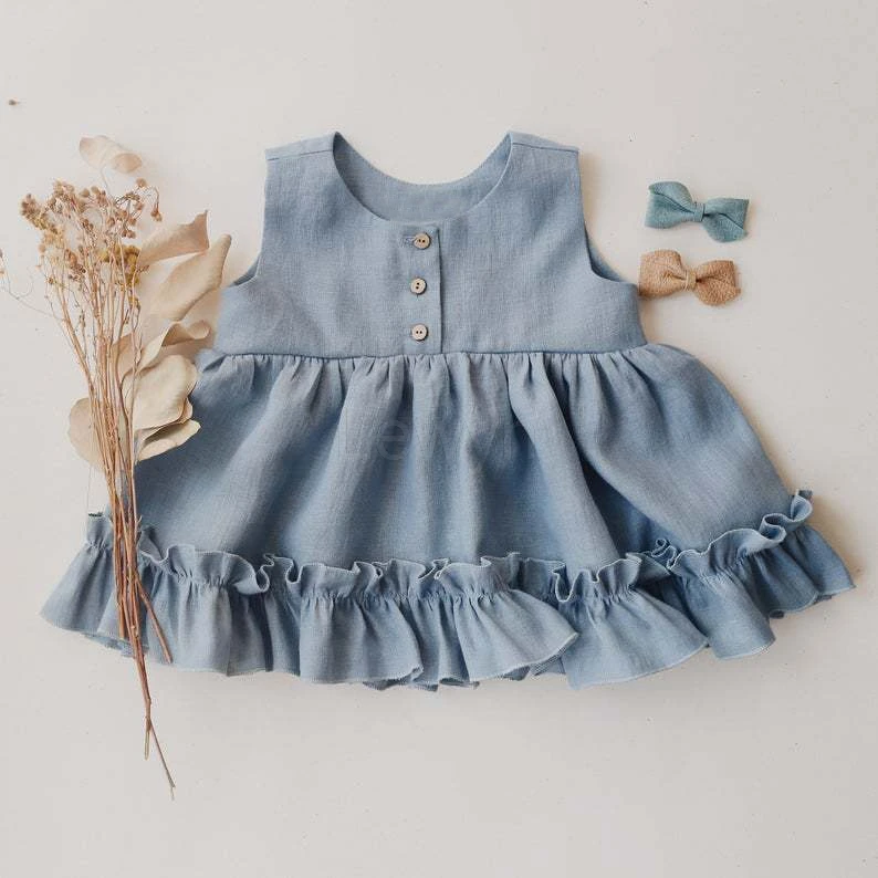 One Set Baby Girls Dress Suits 0-2T Summer Cotton Linen Rayon Solid Color Vest Sleeveless Skirt Princess Style Ruffles Lace