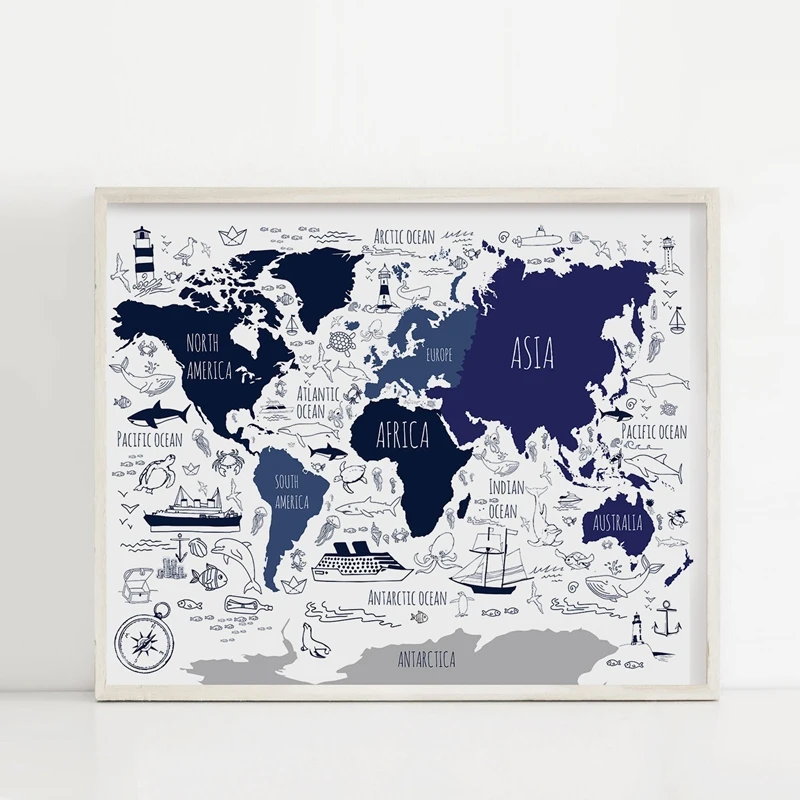 

Canvas Prints Modern Pictures Wall Art Navy Blue Nautical World Map Painting Home Decor Modular Nordic Style Poster Living Room