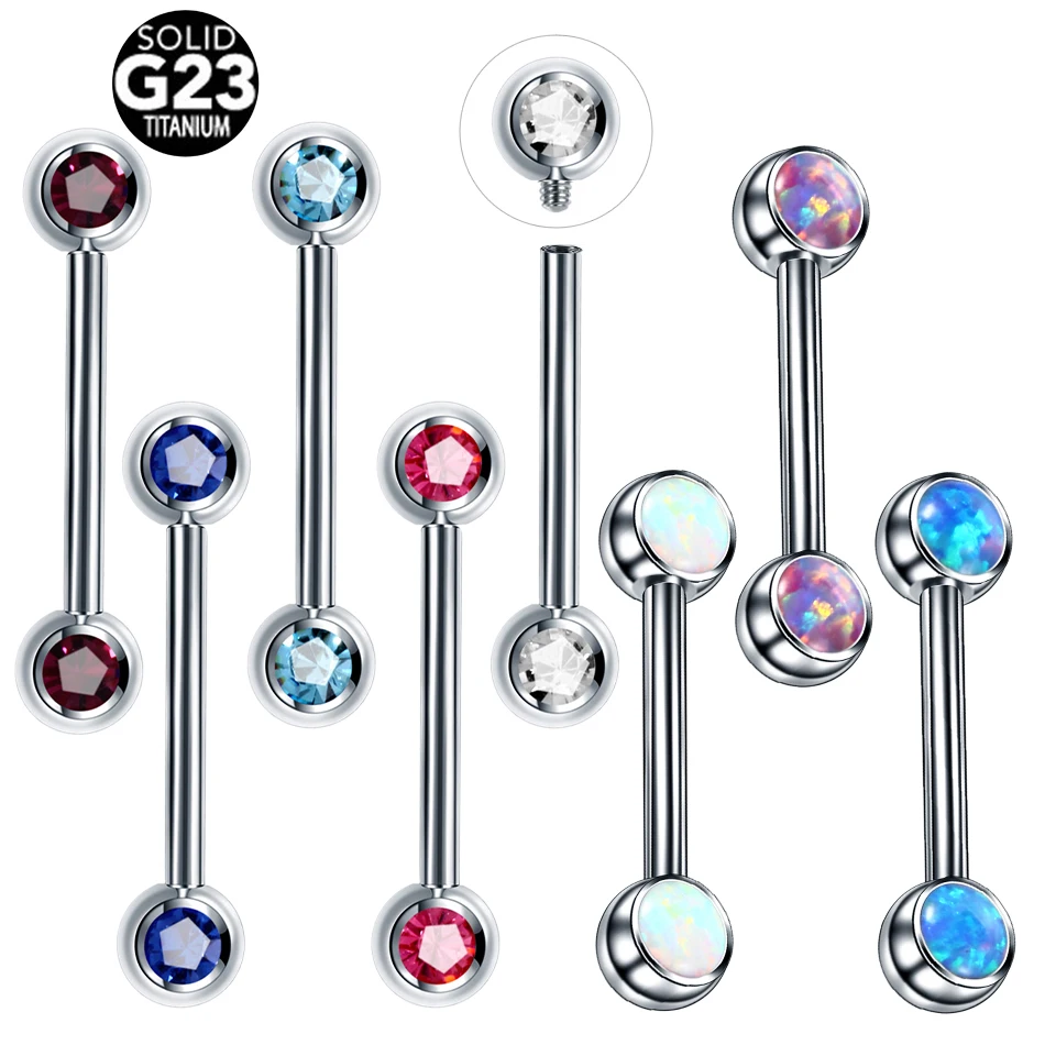 1PC 14G Titanium Nipple Piercing Opal &Crystal Nipple Shiled Bars
