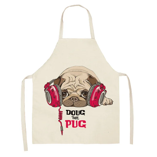 Cute Dog Pug Pattern Cotton Linen Sleeveless Apron Kitchen Aprons Women Home Cooking Baking Waist Bib Pinafore WQTF17