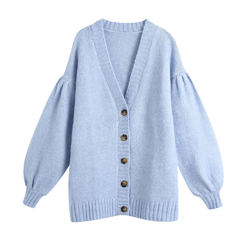 AGong Sweet V Neck Sweaters Women Fashion Single Breasted Sweater Elegant Loose Lantern Sleeve Female Ladies JQ |