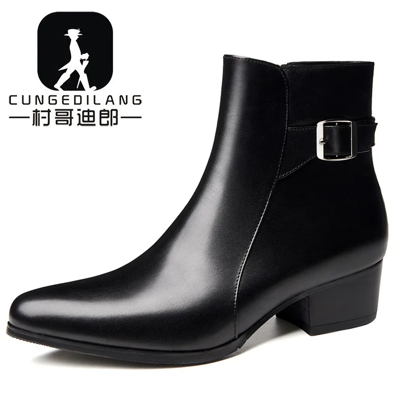 

Korean-style Cowhide Semi-high Heeled Boots Men's Boot Fashion Middle Boots Men Ankle Boots Elevator Shoes Leather Boot