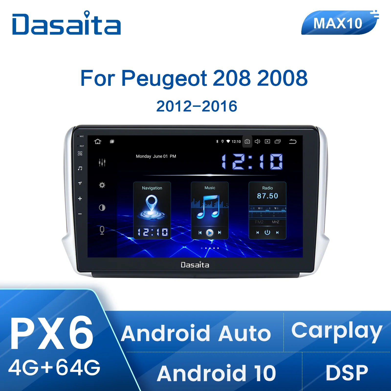 Автомобильный мультимедийный плеер Dasaita на Android 10 с GPS-Навигатором для Peugeot 2008 208