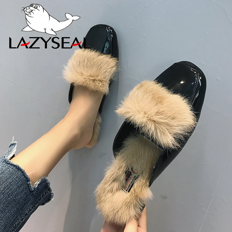 LazySeal туфли без задника с натуральным мехом; женские тапочки с квадратным носом; женские Вьетнамки; женские пушистые шлепанцы; Pantuflas Mujer