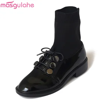 

Masgulahe 2020 Hot sale genuine leather casual shoes woman low heel square toe lace up ankle boots autumn women boots