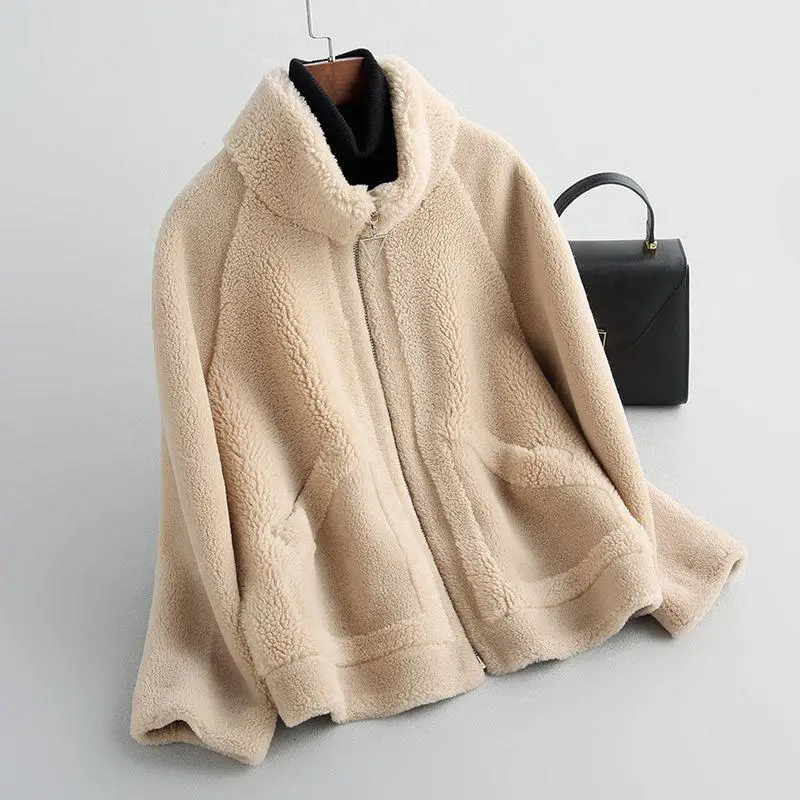 Для женщин осень-зима Натуральная Шерсть Шуба на молнии Повседневная куртка стрижки овец пальто женский короткий мягкие пушистые верхняя одежда T115