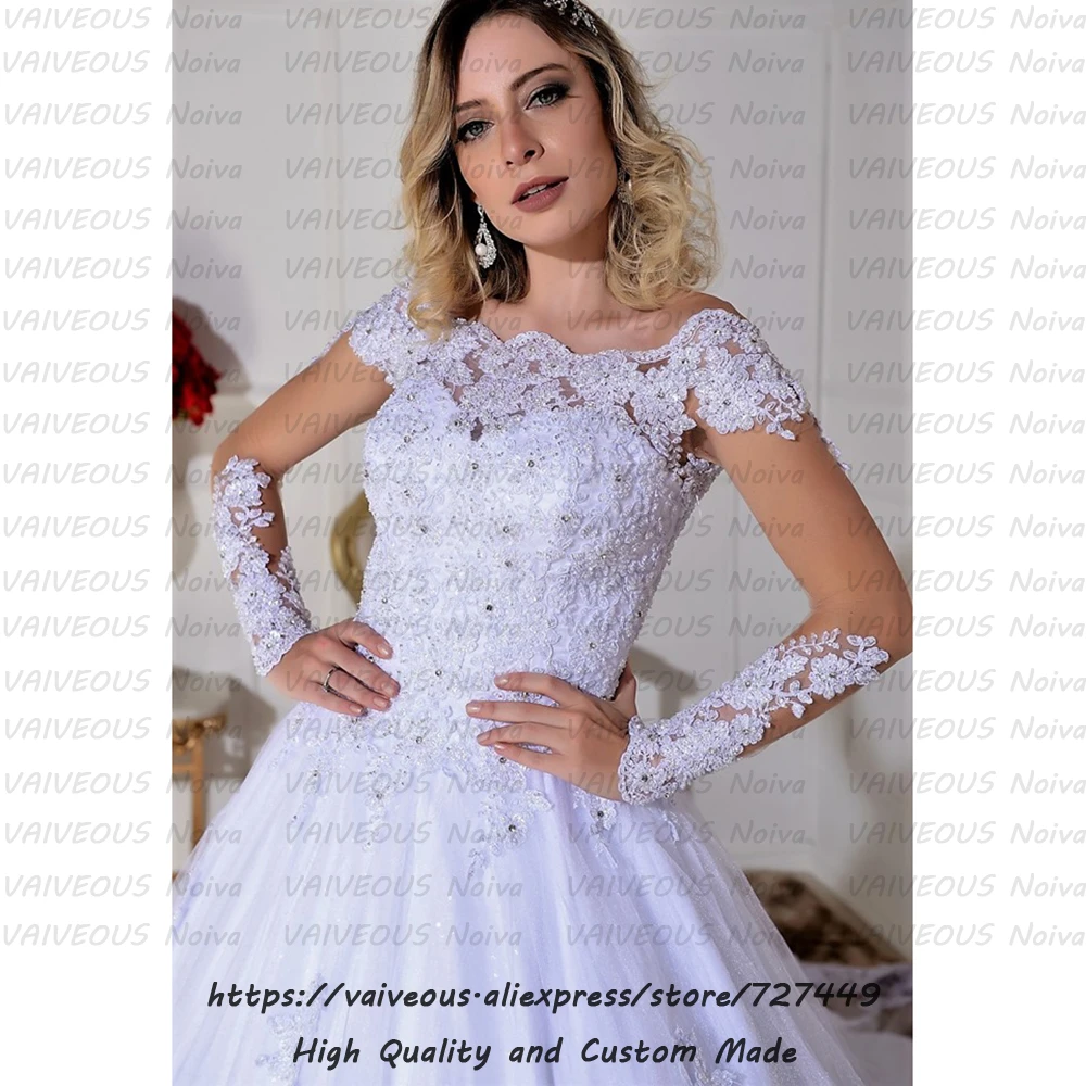 Robe Mariage Sexy Boat Neck Long Sleeve Wedding Dresses Luxury Beaded Lace Bride Dress Vestido de Noiva Boho Wedding Dress