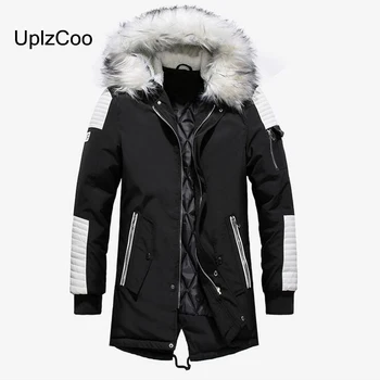 

UplzCoo 2019 New Winter Men's Cotton Coat Long Thick Hat With Fur Collar Men's Jacket Padded Warm Casual Parkas Patchwork FM175