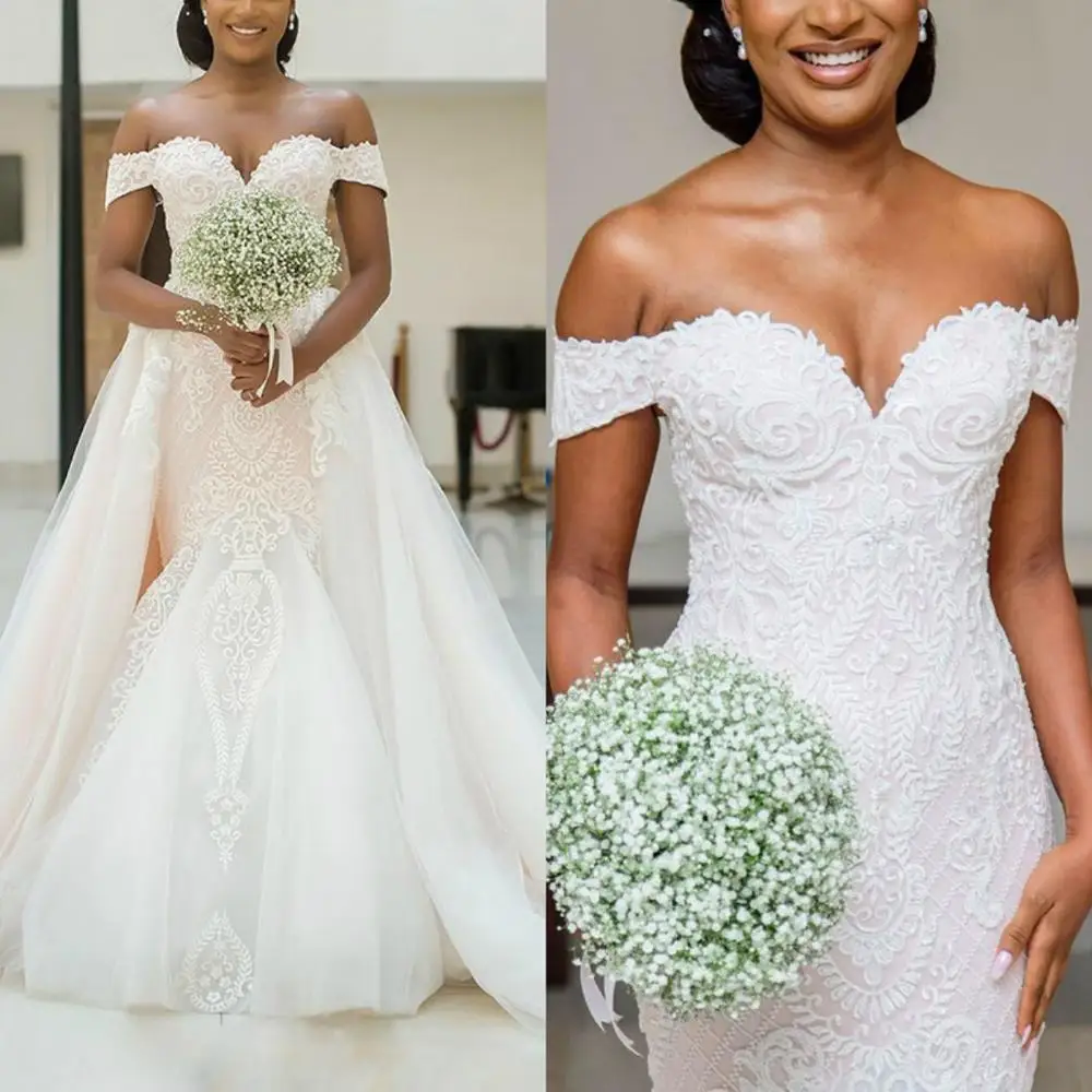 

Luxury 2020 Off Shoulder Lace Appliqued Mermaid Wedding Dress With Detachable Train Saudi Arabia Dubai Plus Size Bridal Gowns