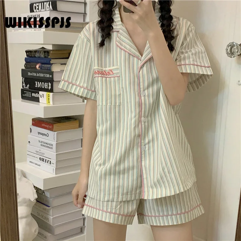 

WIKISSPJS 2022 Summer New Striped Color Matching Short Sleeve Pajamas Suit Women Sleep Tops Lounge Wear Bedroom Set Sleepwear