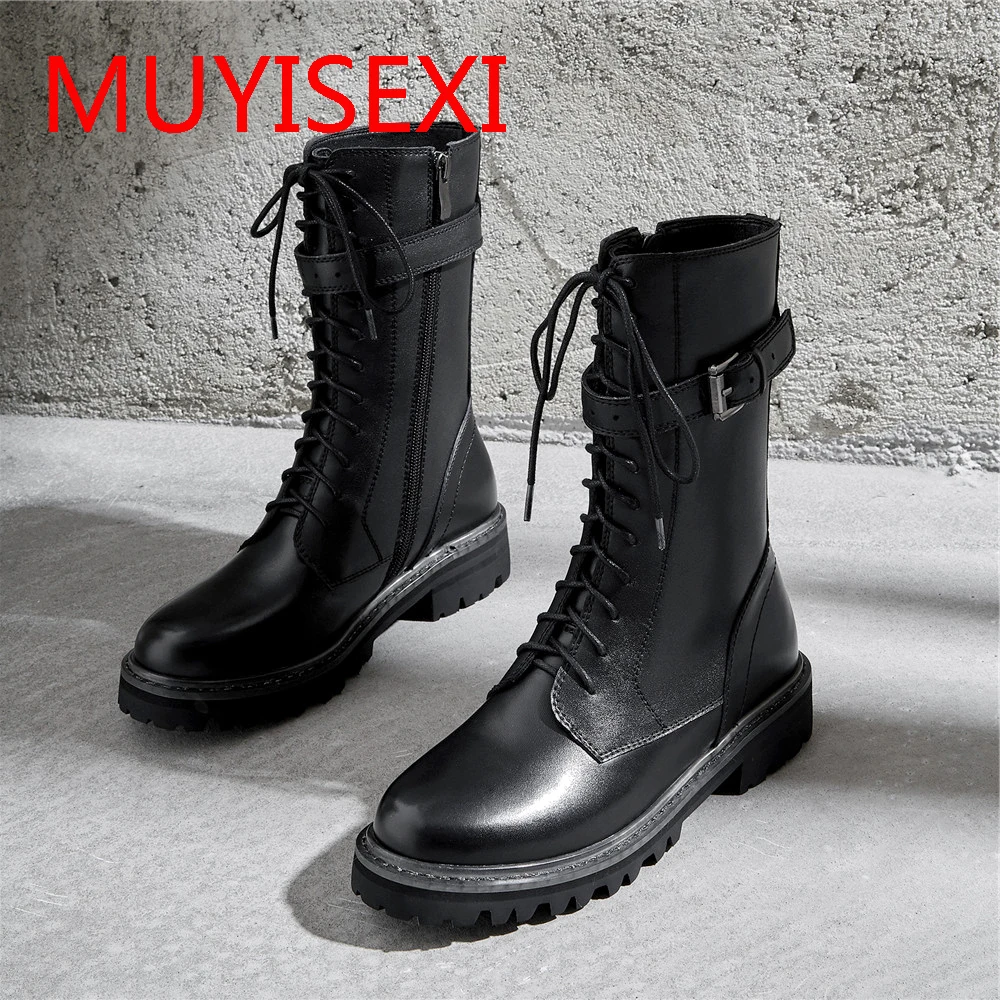 Full genuine leather lace up med heels punk superstar equestrian knee high boots buckle fasteners plus size 34-43 YT12 MUYISEXI