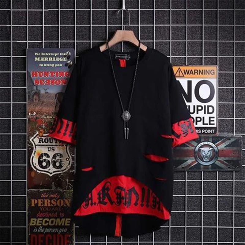 

2020 New Hip Hop Hooded Short Sleeve Sweatshirt Men Europe Style Summer Japanese Personality Ribbon Fake Two Hooded T-shirts