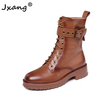 

JXANG Casual Cowhide Ankle Women Personalized belt buckle Lace Up Thick bottom Platform Woman Autumn Chunky Motorcycle Boots
