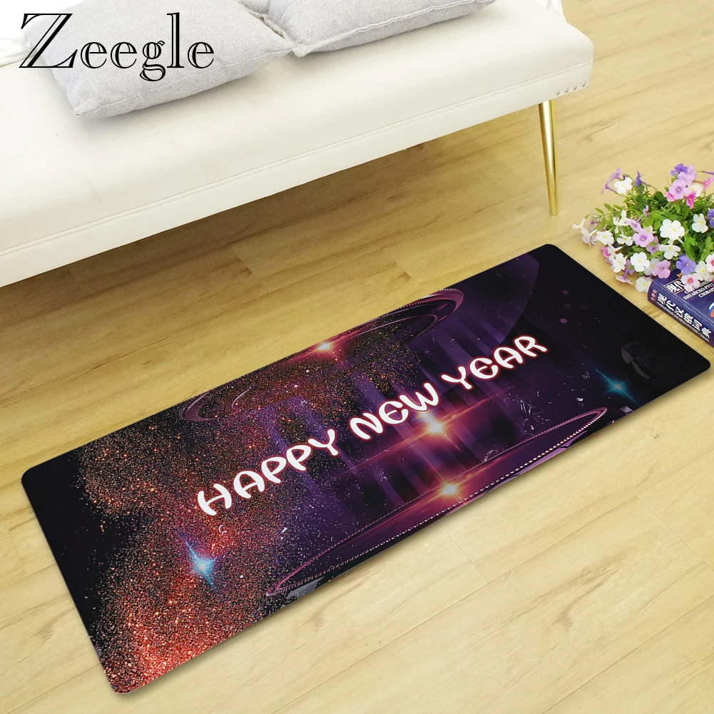 Zeegle Floor Mat Bedroom Long Carpet Washable Bathroom Rug Anti-slip Kitchen Carpet Happy New Year Doormat Hallway Rug
