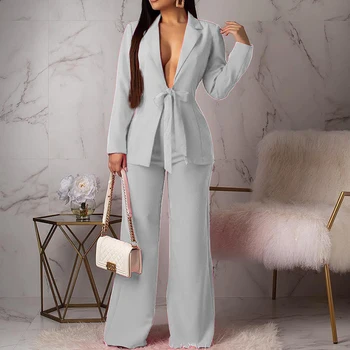 

Women Simple Matching Sets Autumn Long Sleeve Turn-down Collar Drawstring Suit Coat Loose Pants Women Solid Two Piece Outfits