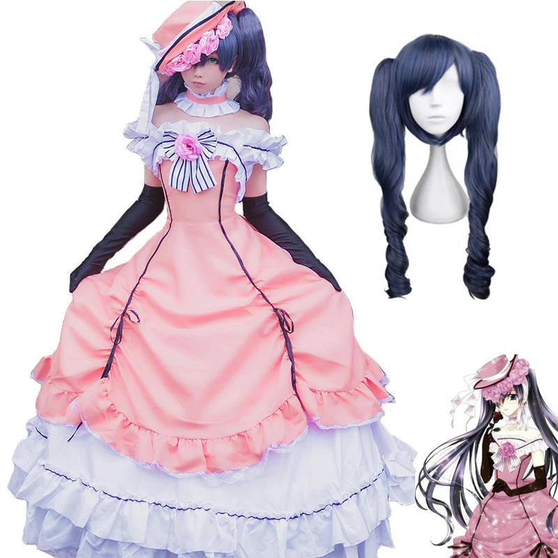 

Anime Black Butler Ciel Phantomhive Cosplay Costumes Medieval Ball Gown Role Play Women Girls Gothic Lolita Dress Wig Halloween