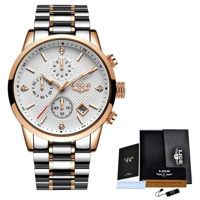 LIGE мужские часы Топ люксовый бренд полная сталь водонепроницаемые спортивные кварцевые часы мужские модные часы с датой серебряные часы Relogio Masculino - Цвет: Rose white