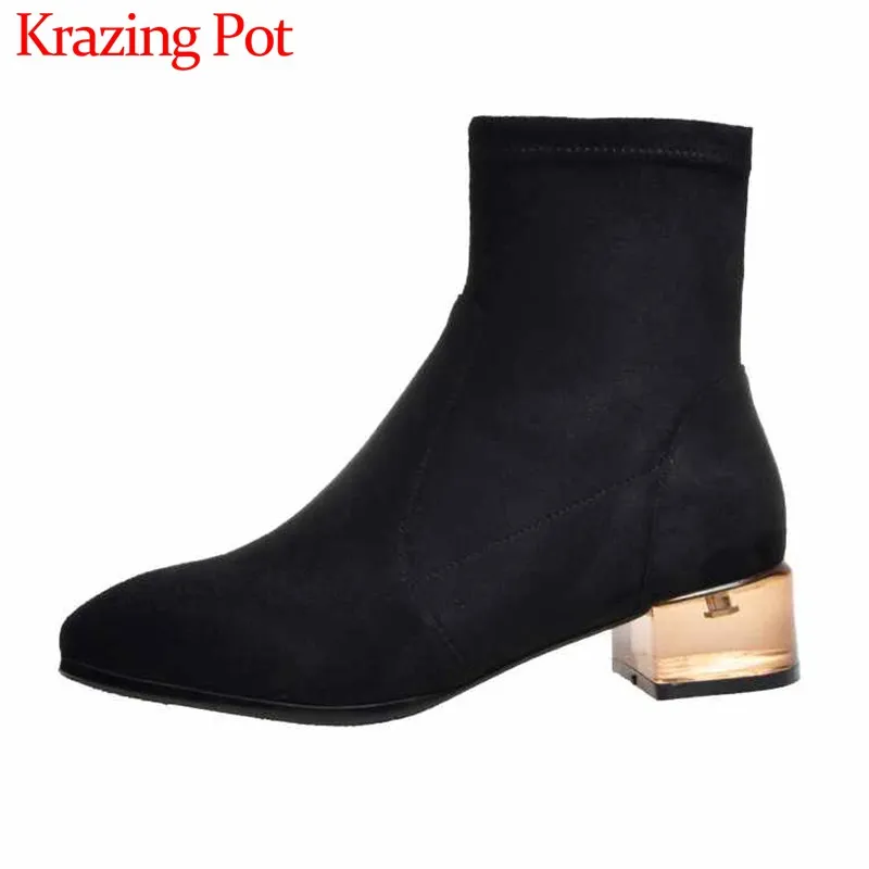 

Krazing Pot crystal heels simple style stretch flock boots square toe med heels winter keep warm women lace up ankle boots L36