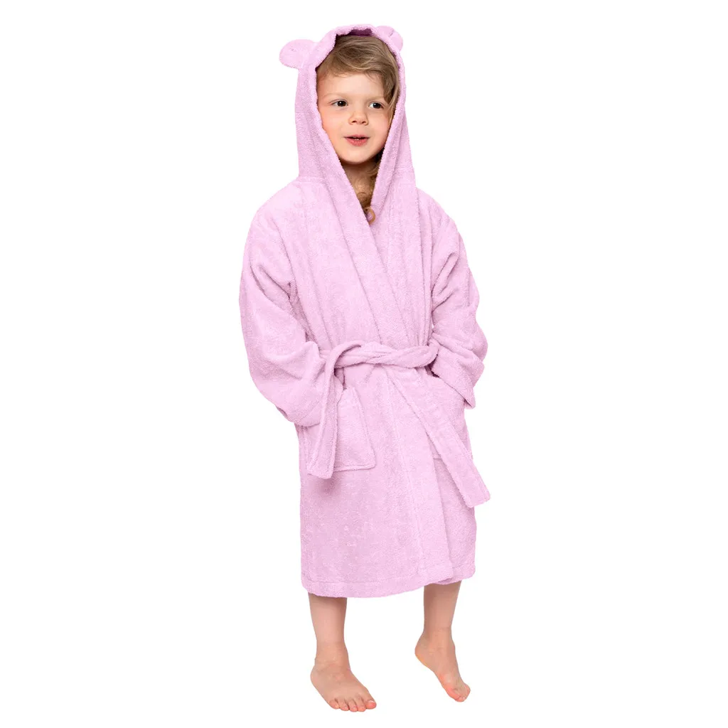 Toddler Boys Girls Solid Hooded Bathrobes Solid Colour Flannel Pajamas Bathrobes Towel Cotton Soft Light Night-gown Sleepwear