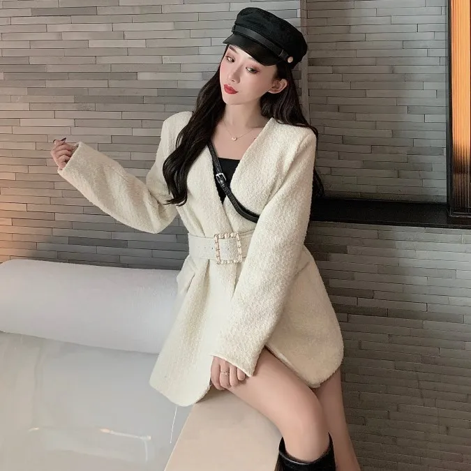 

2019 Autumn And Winter New Style Loose-Fit V-neck Graceful Coat Korean-style Mid-length Belt Waist Hugging Elegant Overcoat WOME