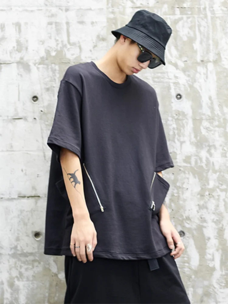 

Men's Short Sleeve T-Shirt Summer New Personality Zipper Pocket Decoration Hip Hop Fashion Casual Loose Oversized Half Sleeve