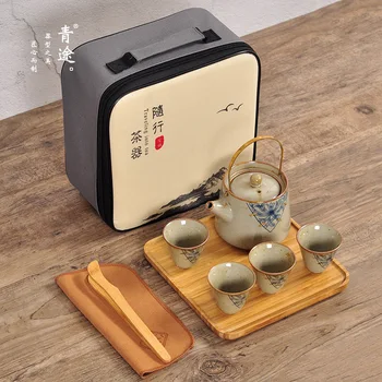 

Hand-Painted Ceramic Travel Kung Fu Tea Set Combo 1 Pot of Four Cup Bamboo Tray Outdoor Drinkware Activity Gift