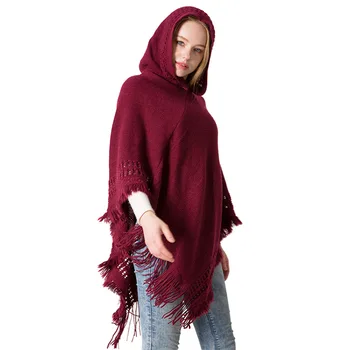 

Fall and Winter 2018 New Knitted Cape Shawl with Cap Monochrome Cape Knitted Shirt with Cap and Shawl