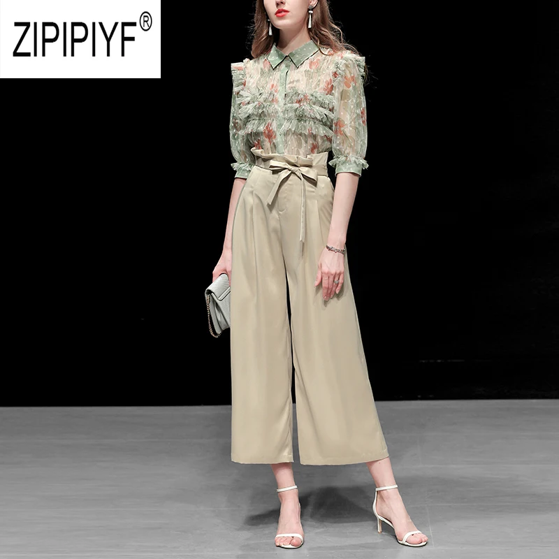Европейский стиль, женские комплекты, отложной воротник, половина рукава, однобортная Цветочная блузка, топ, бандаж, дизайн, свободные длинные брюки Z2258