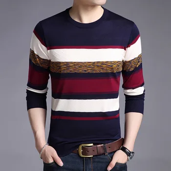 

2020 Men's Stripes round Neck Sweater Youth Spring Casual Color Matching Thin Sweater
