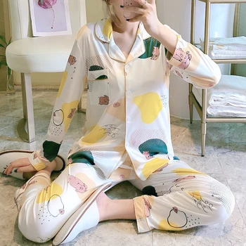

New 2020 Autumn Winter Women's Pajamas Sets Print Fashion Luxury Female Pyjamas Two Pieces Shirts Long Pants Sleepwear Set