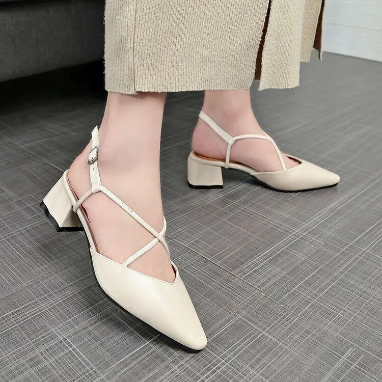 

2019 Summer Korean Version of the Pointed Toe Chunky Heel Mary Jane Sandals Trend INS Online Celebrity WOMEN'S Shoes Solid Color