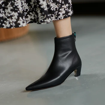

Cow Leather Women boots Autumn Winter Pointed Toe 4cm med Heels Party Office Shoes Woman Chelsea Ankle Boots