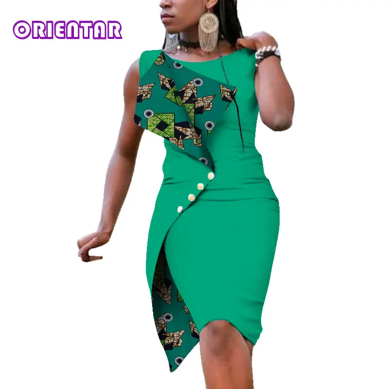 Новые модные африканские платья для Для женщин Сексуальная рукавов Базен Riche Африканский принт Хлопковое платье Леди Элегантный Платья