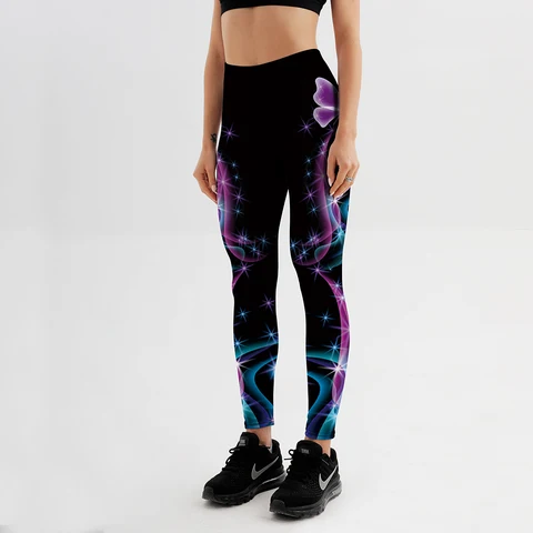 Fitness Leggings Women Workout Push Up Legging Fashion Digital Print Blue-green Fluorescent Butterfly Jeggings Pants