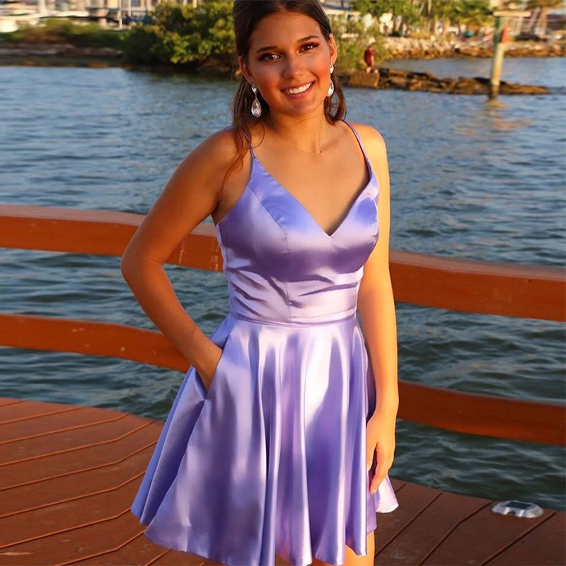Simple Short Satin Cocktail Dress With Pocket Above Knee Length Purple Prom Dress Formal Party Cocktail Gowns Abito Da Cocktail
