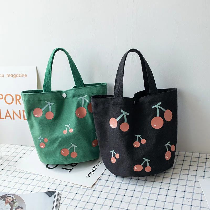 Handbag Lunch-Bag Tote-Bag Canvas Travel Korean Portable Cute New Bucket Cherry-Print