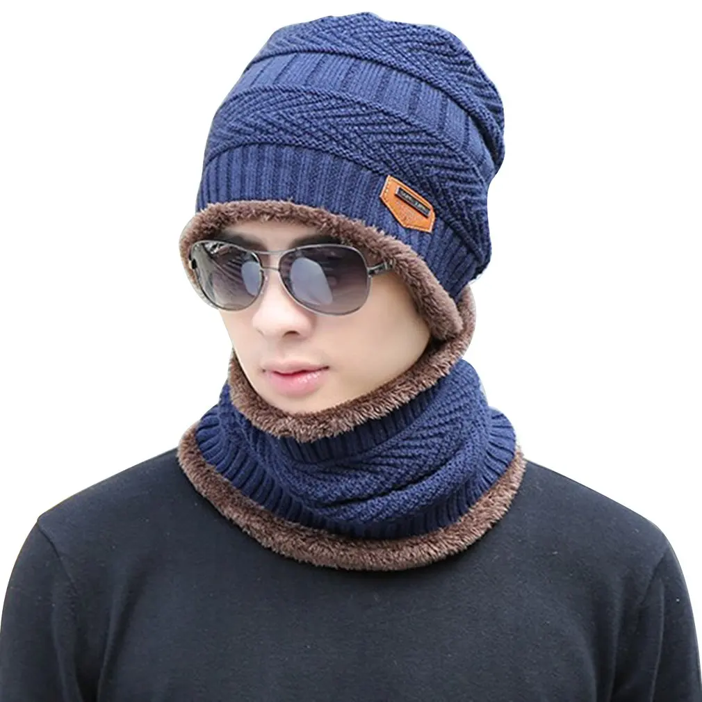 navy green Модная мужская и женская зимняя эластичная вязаная шапка, теплая спортивная шапка, шапка+ шейный шарф из шерсти и полиэстера, Толстая теплая шапка - Цвет: navy green
