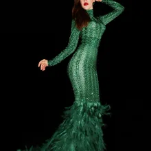 Мигающее зеленое платье, стразы, перо, женское платье, день рождения, празднование, длинное платье, для вечеринки, для женщин, певица, сексуальное платье