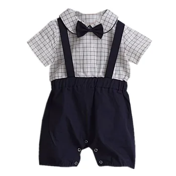 

Newborn baby boy one-piece girl princess dress summer infant clothing plaid short-sleeved bow decoration