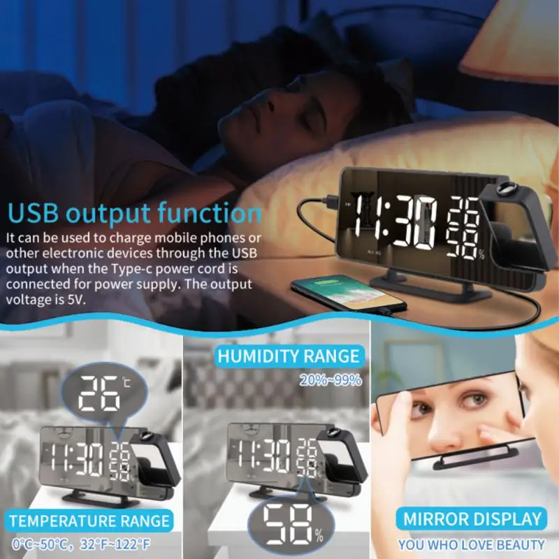 LED Digital Mirror Projection Alarm Clock Home FM Radio Thermometer Hygrometer USB Wake Up Watch 180° Projector Time Snooze Gift