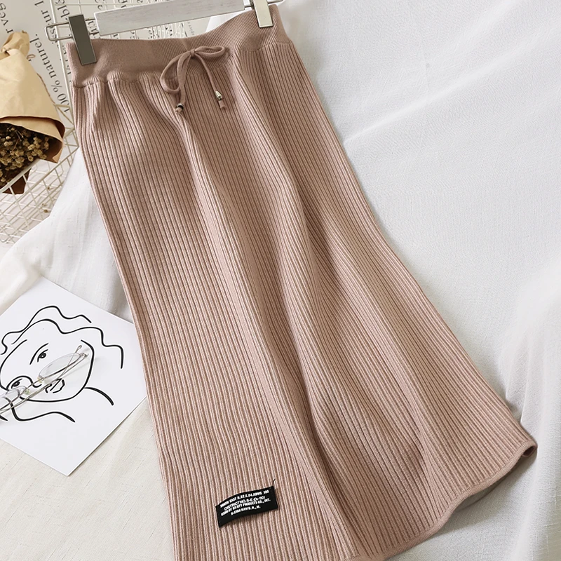 

Skirts Womens Wool Knitted Pleated Skirt Stretched Waist Drawstings Lace Up Split Winter Long Skirt Female Clothing