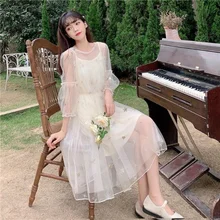 

QWEEK Princess Fairy Mesh Dress Women Girl Mori Style Sweet Sequin Elegant Kawaii Cute Dresses Party Casual Clothes Fashion 2021