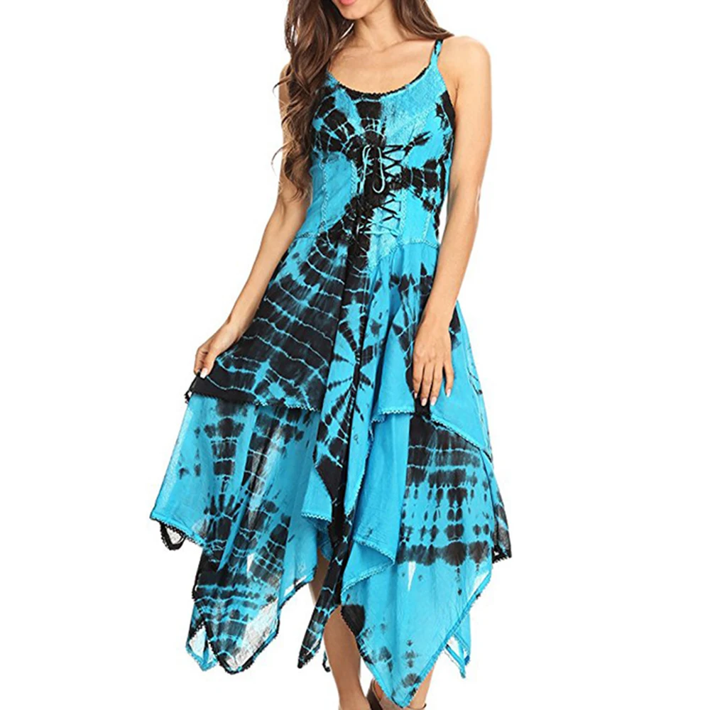 

Women Sexy Summer Printed Elastic Lace Up Asymmetric Hem Spaghetti Strap Party Dress