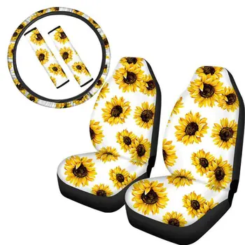 

5Pcs Car Seat Steering Wheel Cover Sunflower Universal Front Seats Protector Kit Dropship